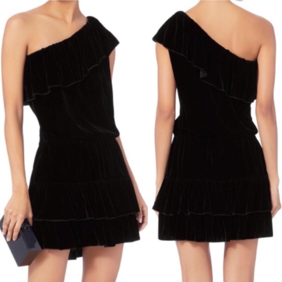 NWT Joie Kolda Velvet Black One Shoulder Ruffle Mini Dress sz XS Luxe - Picture 3 of 17
